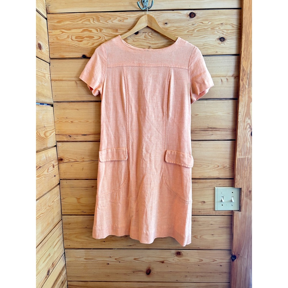 Vintage Handmade Peach 100% Linen Short Sleeve Shift Dress Women Small Retro 60s